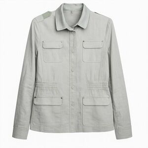 Tahari Gray Stretch Linen Safari Utility Jacket 12 Lightweight Structured